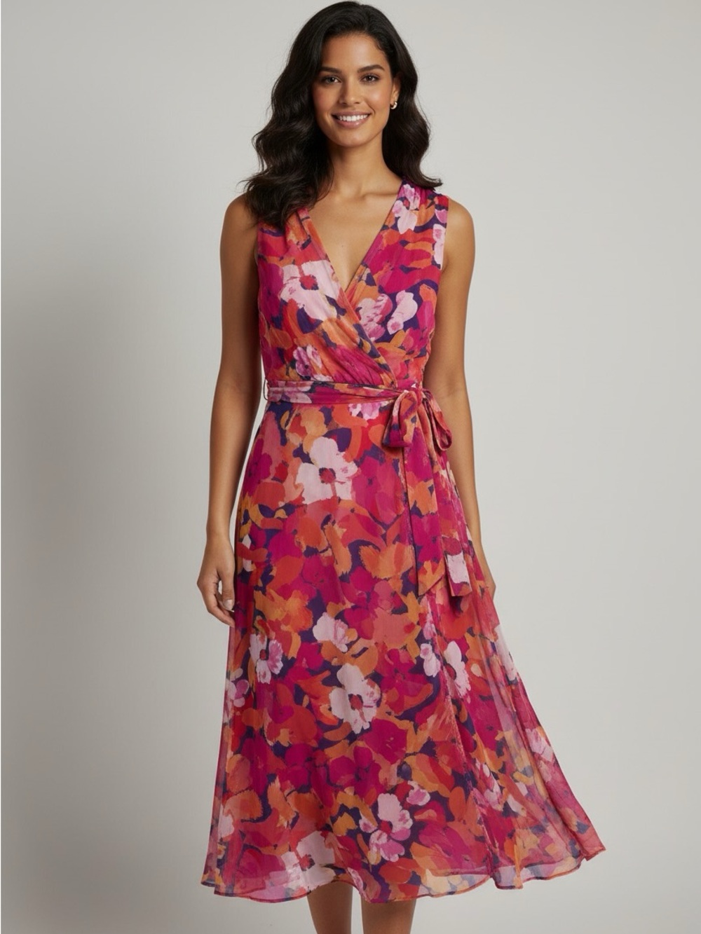 New Jessica Howard Floral Wrap Midi Dress in Fuchsia Pink and Orange size 4